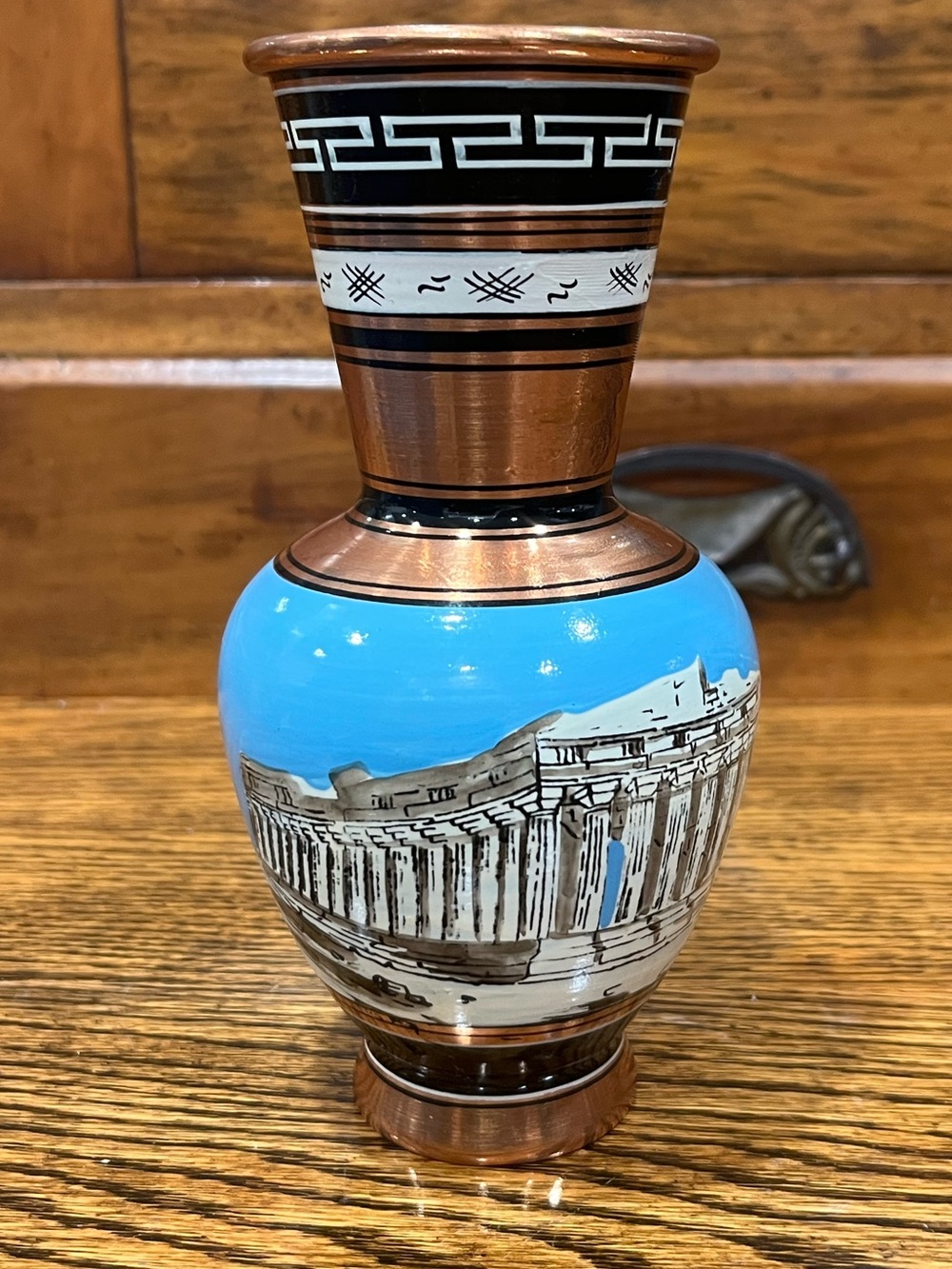 Vintage Greek Copper Vase Hand Painted Greece Greek Key Blue Souvenir 6”
